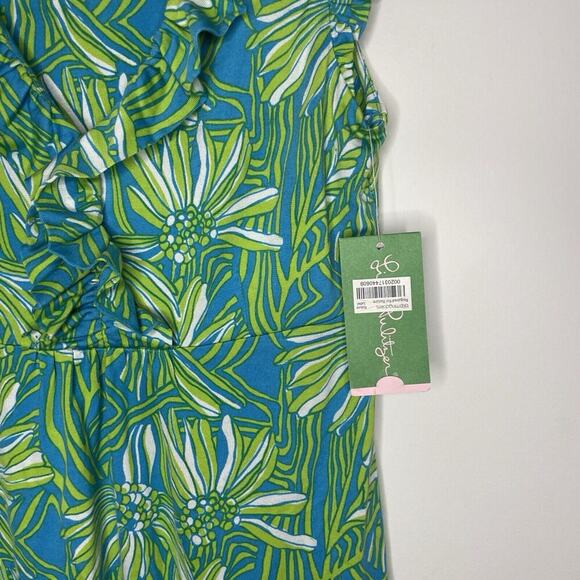 Lilly Pulitzer Clare Dress Green Blue Seaweed Daisy Silk Jersey Sleeveless Sz XS - Picture 2 of 9